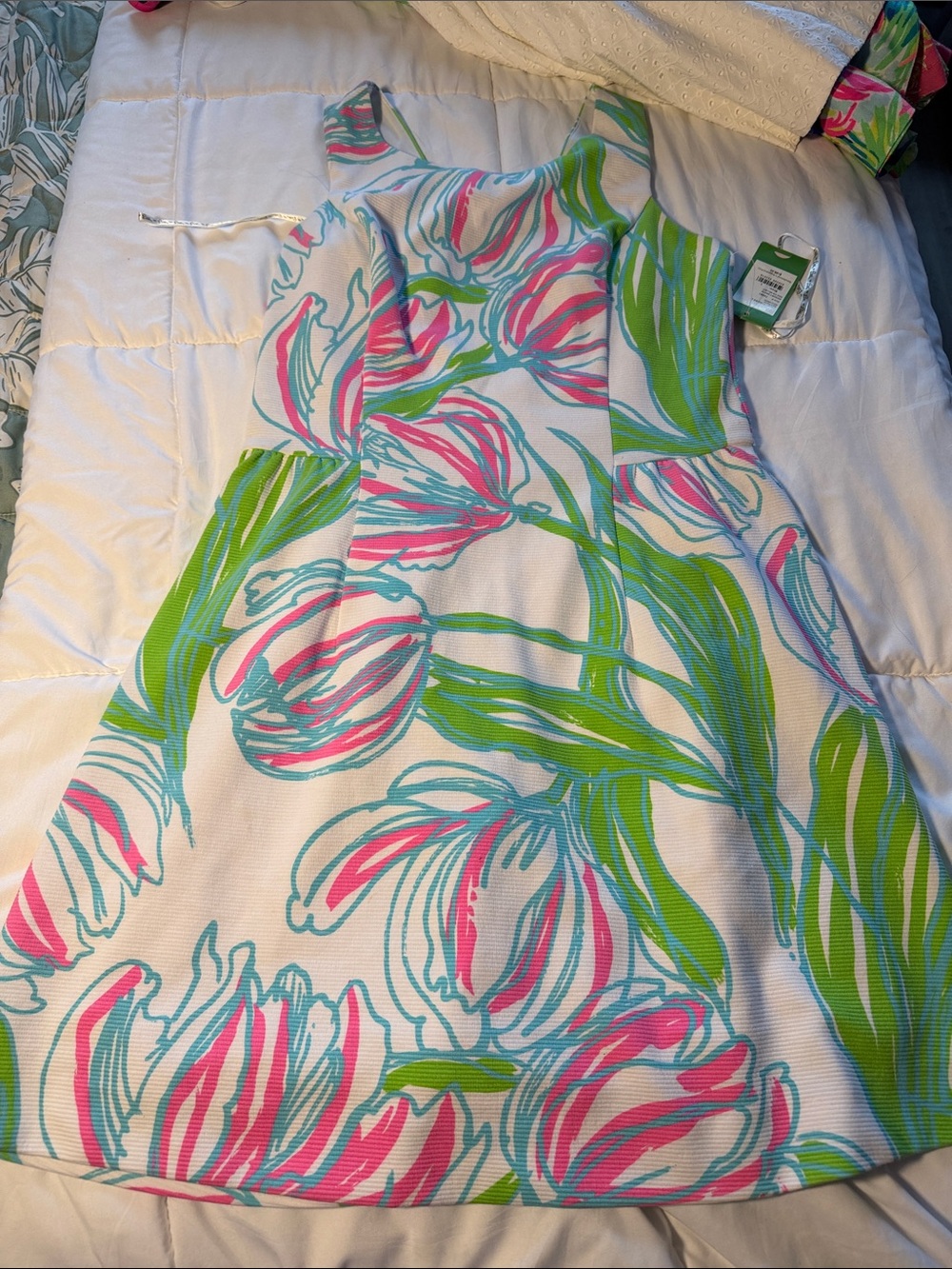 women Floral Sundress in White with Pink & Green Tulip Print
